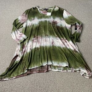 Olivia Sky Womens Blouse Top Size XL Green/Brown Long‎ Sleeves Cut Outs Tunic